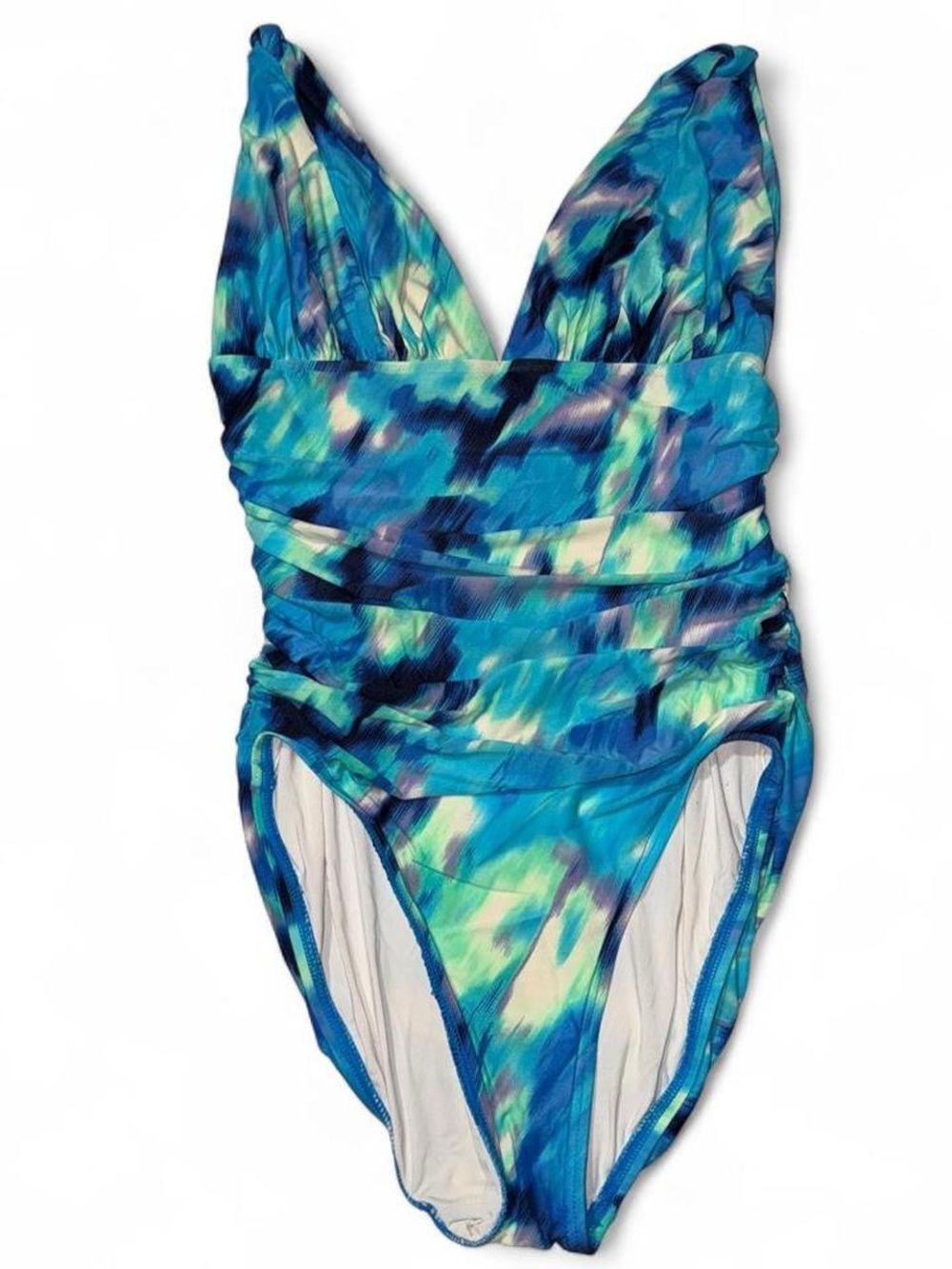 Carmen Marc Valvo Womens Size 6 One Piece Swimsuit Ruched Blue Watercolor